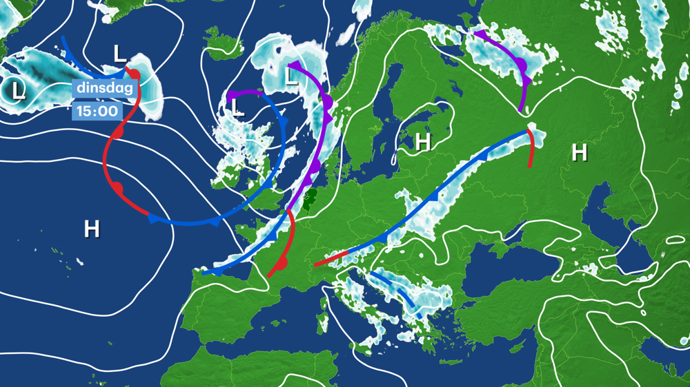 Een lagedrukgebied tussen IJsland en Noorwegen pompt koele lucht onze kant op. Dit gaat in de loop van dinsdag gepaard met de komst van bewolking en buien. Na passage van de regen en buien volgt een koele woensdag.