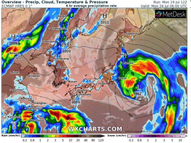 De Europese weercomputer berekent voor zondagavond (Japanse tijd) een fors lagedrukgebied voor de oostkust van Japan.