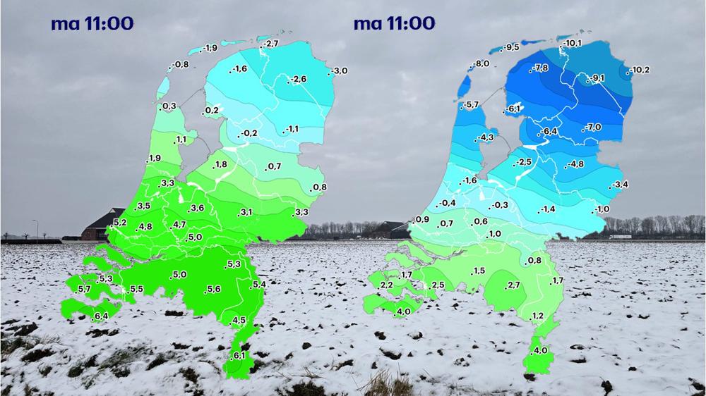 Wat een contrast! Links de temperatuur gemeten rond 11:00 uur en rechts de gevoelstemperatuur van dat moment.