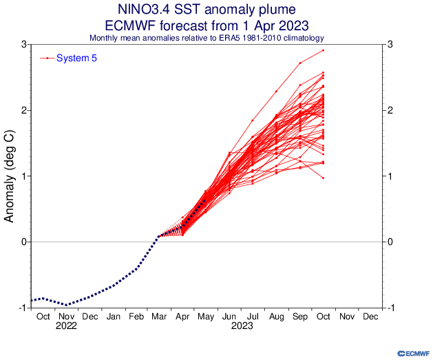 Verwachting temperatuurafwijking in Stille oceaan volgens het Europese computermodel ECMWF