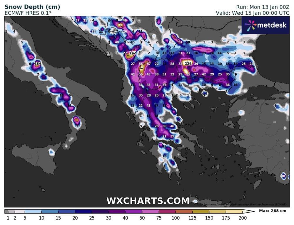 Tot in de Pelopenossos wordt sneeuw verwacht (WXCharts)