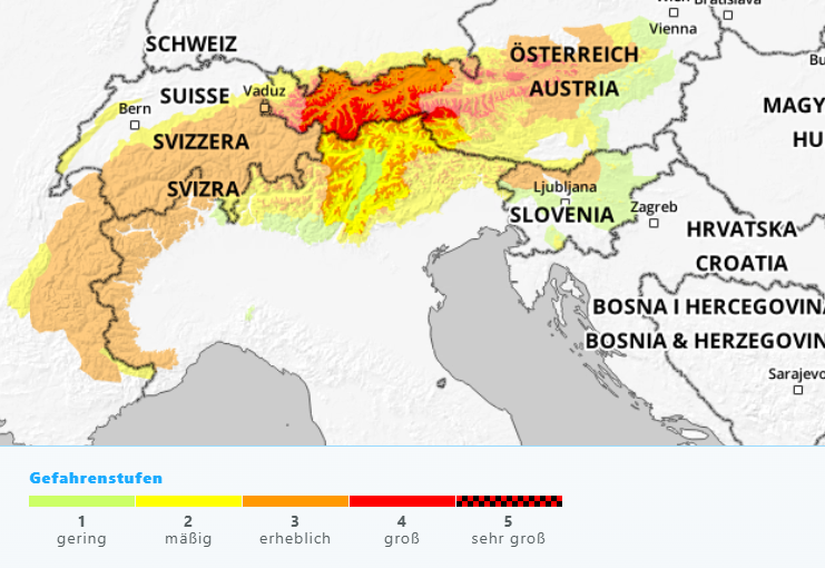 Het niveau voor lawinegevaar ligt nog steeds hoog in grote delen van de alpen. (Bron: Lawine.report)