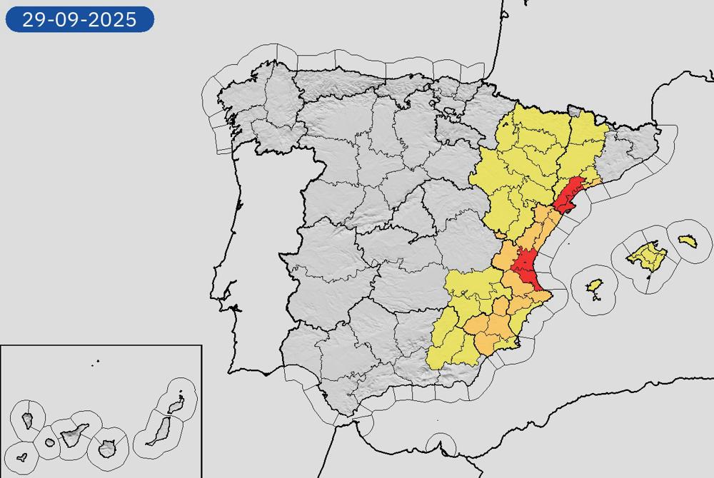 De waarschuwingen voor vandaag in Spanje volgens de nationale weerdienst AEMET. Code rood rondom Valencia. (Bron: Aemet)