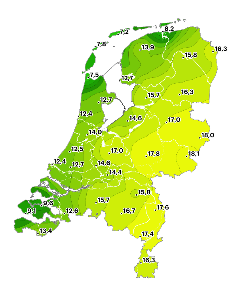 De maxima van gisteren zondag 8 maart - grote verschillen in temperatuur door wind van zee en ook laaghangende bewolking en mist in de kustprovincies. In het binnenland had de zon vrij spel.