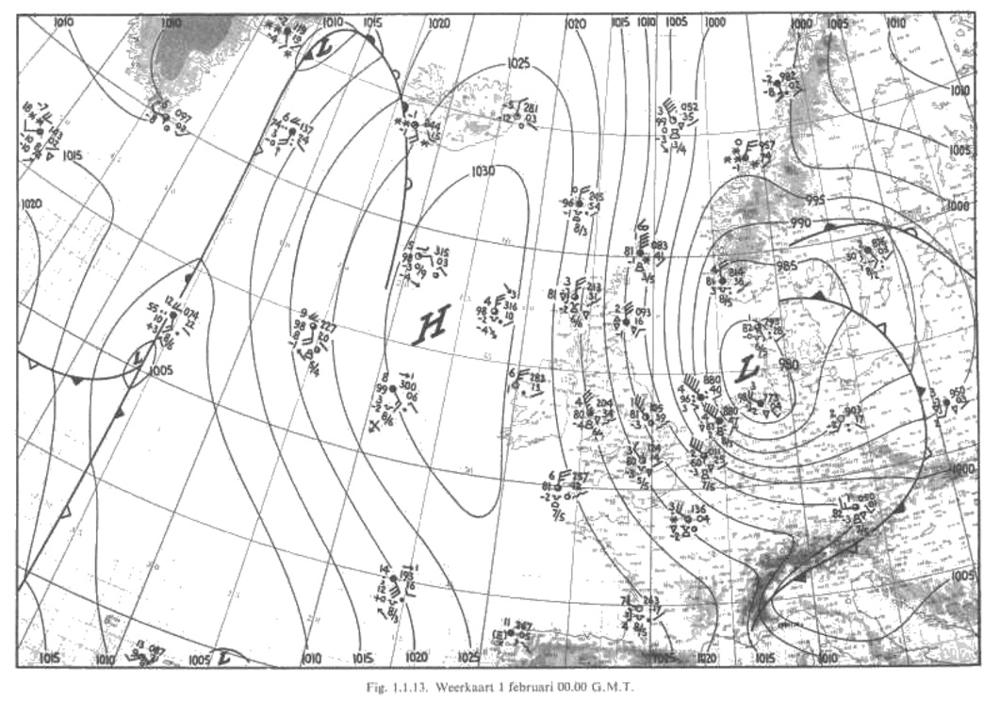 Weerkaart KNMI 1 februari 1953 00:00 utc - De kern van de stormdepressie bevindt zich net ten westen van Denemarken, boven de Duitse Bocht.