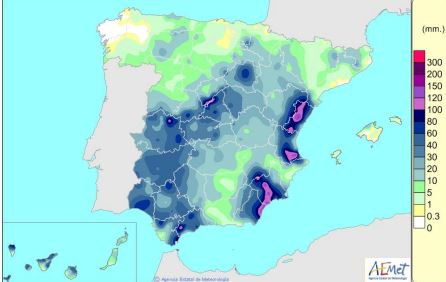 In het oosten en zuidoosten van Spanje viel regionaal 100mm aan regen! (Bron: AEMET)