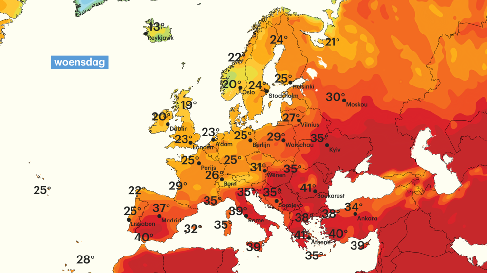 Op veel plaatsen in zuid en zuidoost Europa is het tropisch warm. Op meerdere plaatsen wordt de 40 graden ook morgen gehaald.