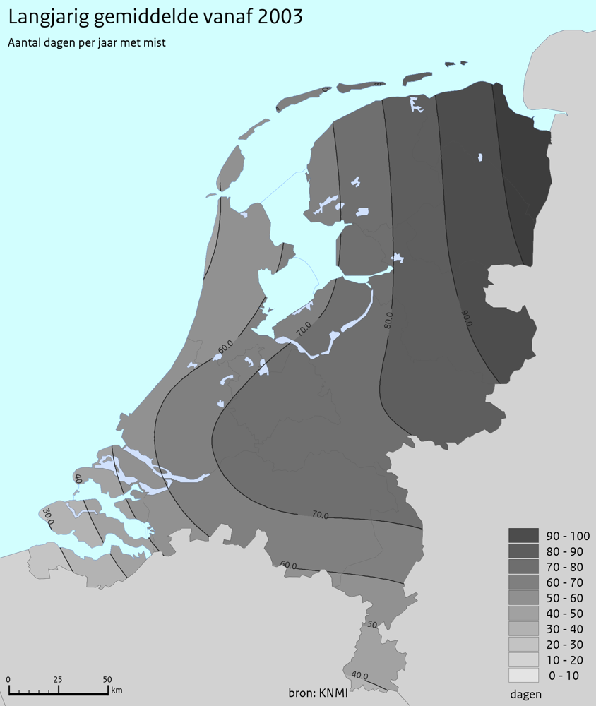 Gemiddeld aantal uren mist per jaar (2003-2020). Bron: KNMI