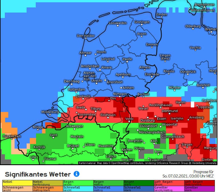 Blauw is sneeuw, groen is regen. Het rode gebied geeft de IJzel weer (ECMWF). Aandachtsgebied is het zuiden/zuidoosten en rivierengebied.