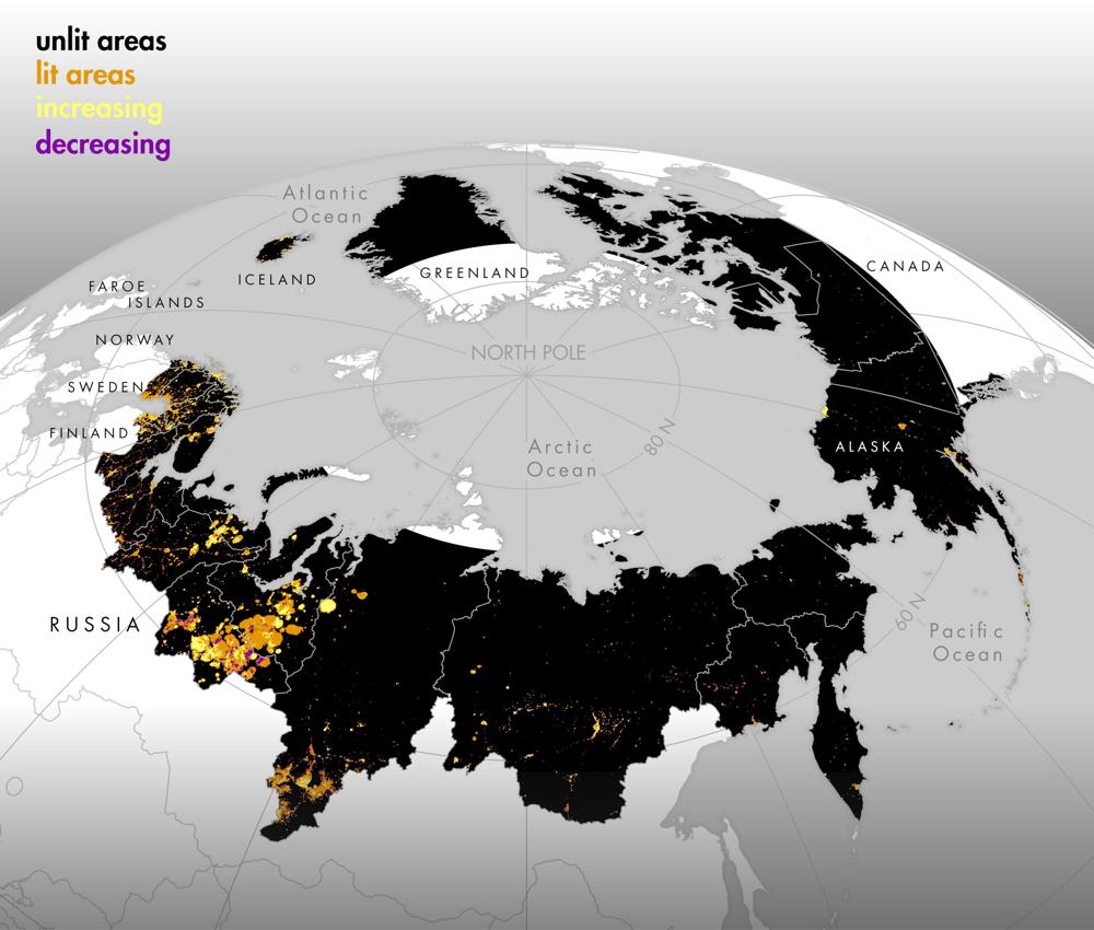 Arctische kaart van lichtbronnen van menselijke activiteiten. (oranje) Daarnaast gebieden met een significante toename (geel) of afname (paars) van lichtbronnen door menselijke activiteiten tussen 1992 en 2013.