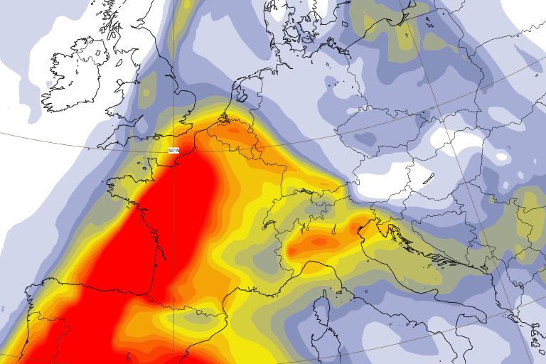 Verwachting concentratie stof voor woensdag 16-3-2022 13:00 uur (bron: CAMS)