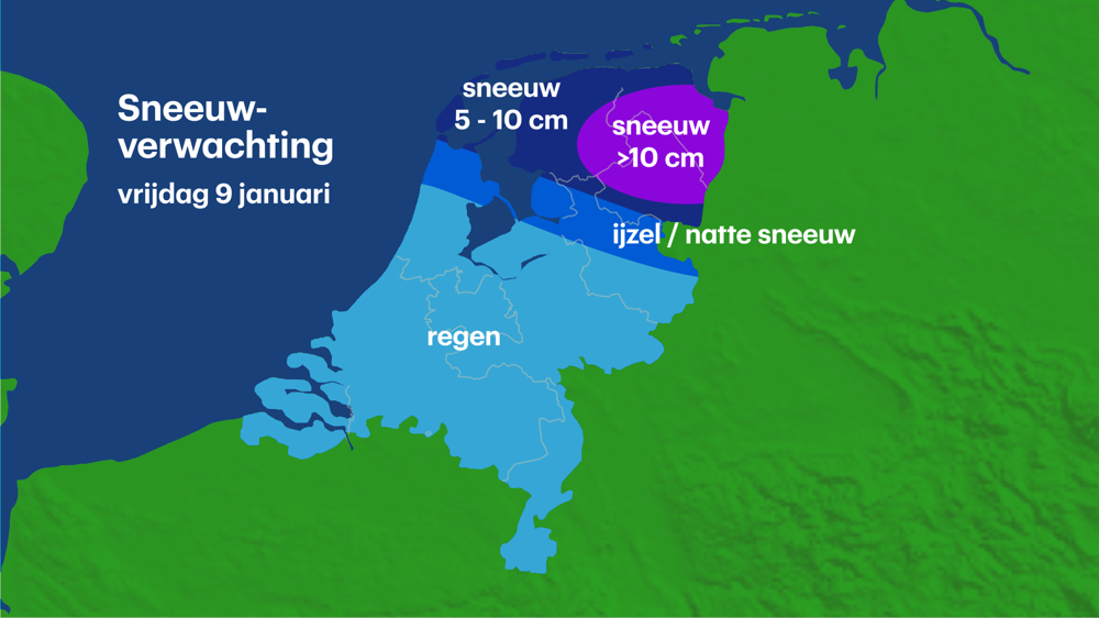 Code oranje in de noordelijke provincies vanwege sneeuwdrift met sneeuwduinen. Hoeveel sneeuw kunnen we verwachten? En waar sneeuwt het tot morgenmiddag niet?
