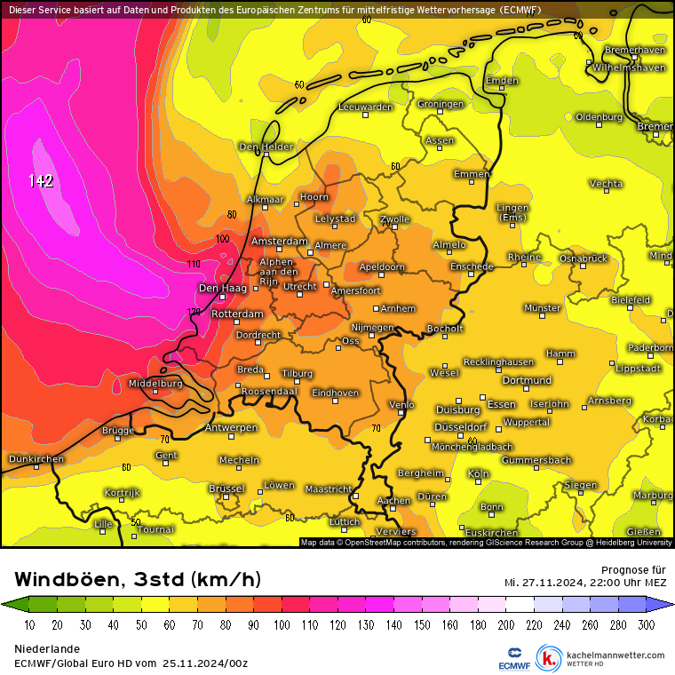 De Europese weercomputer berekent woensdagavond in de omgeving van Den Haag zeer zware windstoten.