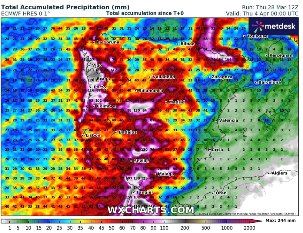 Veel regen in Spanje verwacht tot komende donderdag volgens het Europese weermodel ECMWF (bron: WxCharts)