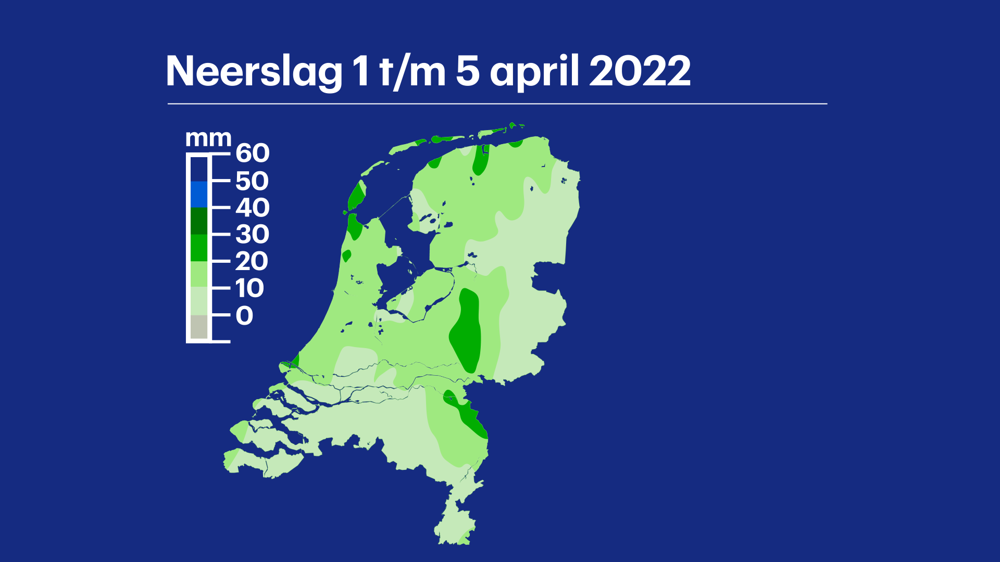 De neerslag van de eerste 5 dagen van April. Vandaag en morgen valt er op grote schaal zo'n 20 millimeter bij.