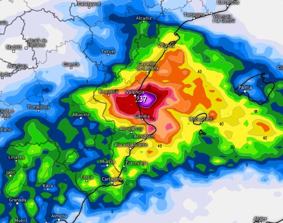 De hoeveelheid regen berekent door het Europese weermodel ECMWF van maandag 00:00 tot woensdag 00:00. (Bron: Kachelmann)