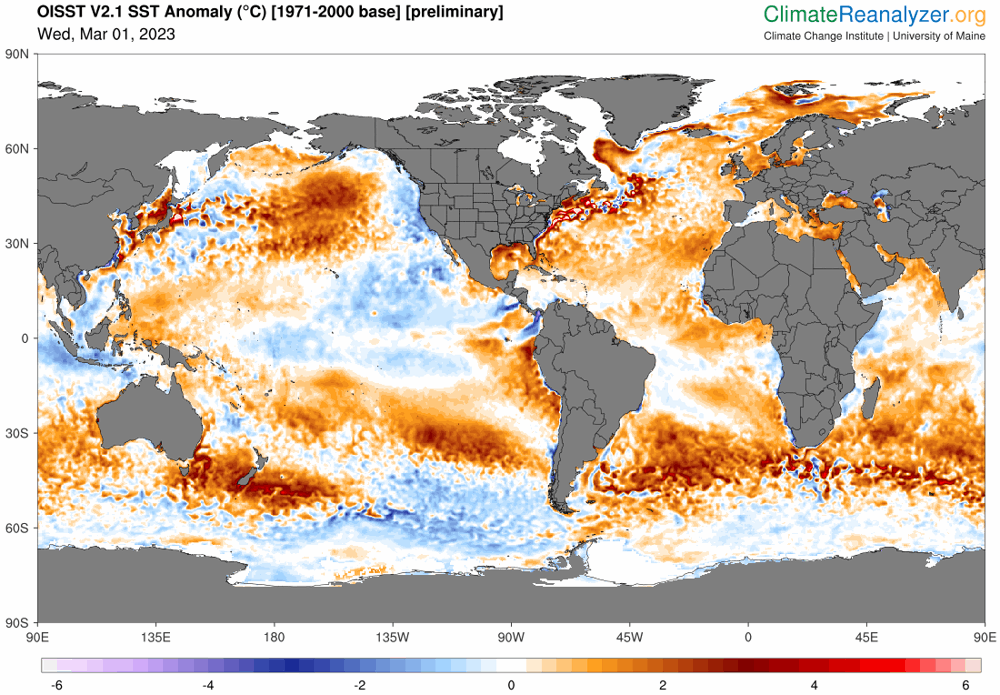 Het oppervlaktewater van de wereldwijde oceanen was afgelopen maart recordwarm. Voor de westkust van Zuid-Amerika is het oceaanwater al iets opgewarmd, maar van een El Nino is (nog) geen sprake.