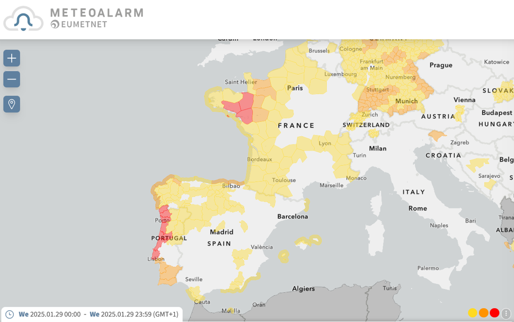 Er wordt met name in de kustregio's van Frankrijk, Spanje en Portugal op uitgebreide schaal gewaarschuwd voor de harde wind, zware windstoten en hoge golven. Daarnaast is vooral in Bretagne gevaar voor overstromingen. (bron: Meteoalarm)