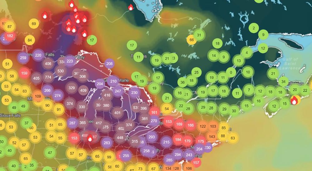 De luchtkwaliteitsindex rijst de pan uit in het noordoosten van de Verenigde Staten. New York behoort vandaag bij de top 5 van grote steden wereldwijd met de slechtste luchtkwaliteit door rook van natuurbranden. (Bron: IQair)