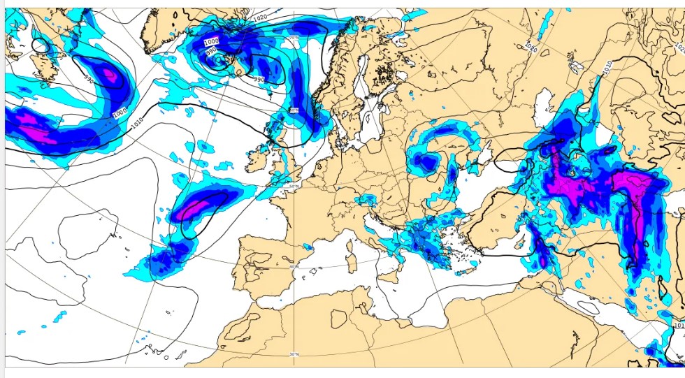 Kaartje met isobaren en neerslag