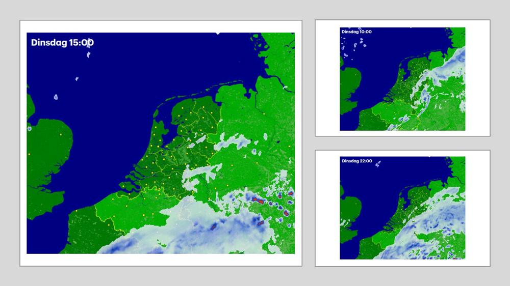 Indicatie van de regen/buien op Bevrijdingsdag, waarbij duidelijk wordt dat de zuidoostelijke helft van het land het moet doen met bewolkt en nat weer.