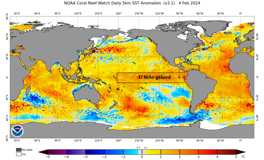 Actuele afwijking van de oceaantemperaturen ten opzichte van gemiddeld. Niet alleen het gebied wat verantwoordelijk is voor de El NiÃ±o is kleurt rood en dus warmer dan gebruikelijk.