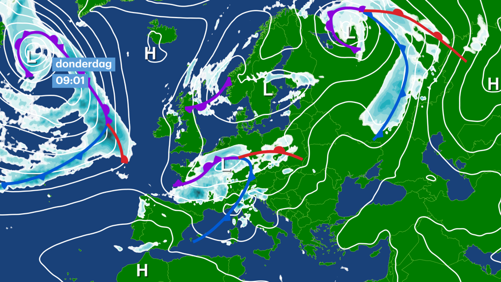 Oceaandepressie trekt van Frankrijk via Luxemburg naar Duitsland (weerkaart donderdag 09:00 uur)
