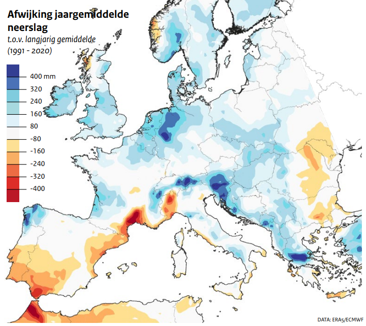 Natter dan normaal, maar de droge regio's in het zuidwesten van Europa steke hier duidelijk bij af. bron: ECMWF