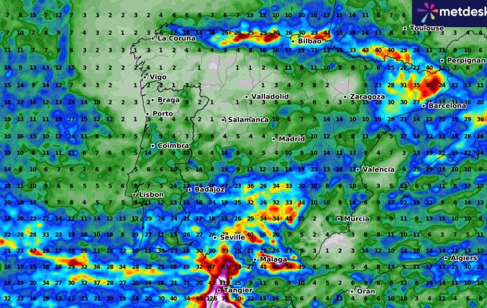 Precies in de drogere gebieden lijkt storm Konrad behoorlijk wat regen achter te later volgens het Europese weermodel ECMWF. (Bron: WxCharts)