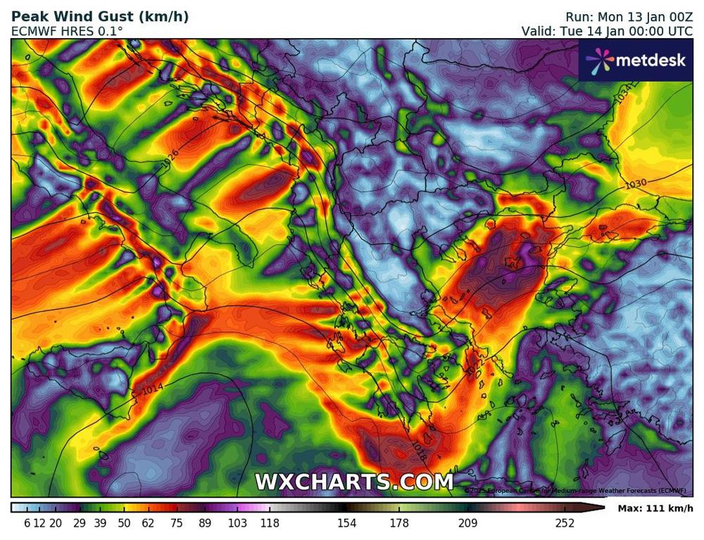 Het was vandaag al zeer onstuimig in de Middellandse Zee, Adriatische Zee en de Ionische Zee. Er stata ook vandaag nog veel wind, met daarbij kans op zware tot zeer zwarte windstoiten. (WXCharts)