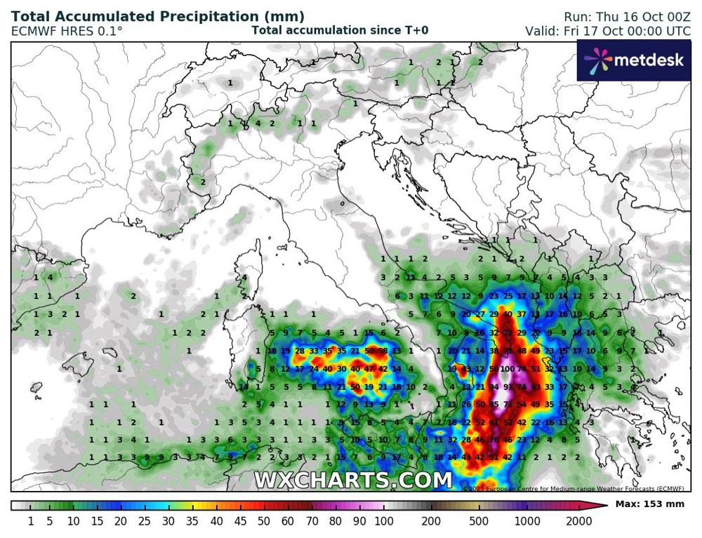 Neerslagverwachting t/m vrijdag 02:00 uur (bron: WXCharts)