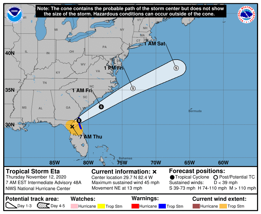 Theta trekt over Florida om vervolgens langs de oostkust van de VS z'n weg te vervolgen