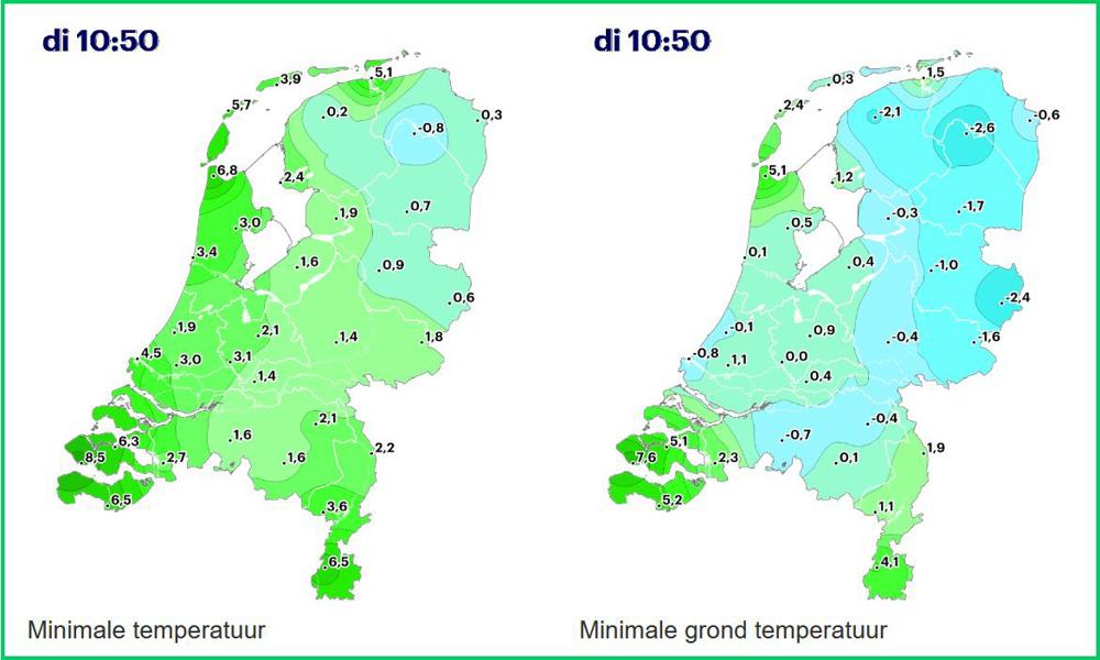 De minimumtemperatuur op 1,5 m hoogte (links) en de minimumgrondtemperatuur op 10 cm hoogte (rechts) van afgelopen nacht/ochtend.