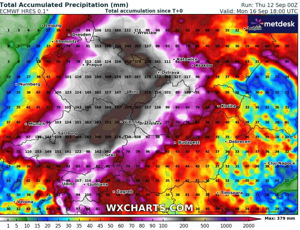 Het Europese weermodel berekent in een heel groot gebied in Polen, TsjechiÃ«, Slowakije en Oostenrijk heel veel neerslag. Plaatselijk kan rond de 400mm vallen.