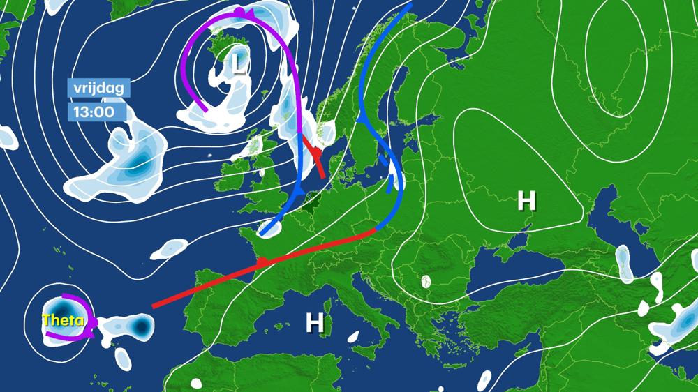 Weerkaart voor vrijdag met Theta in beeld