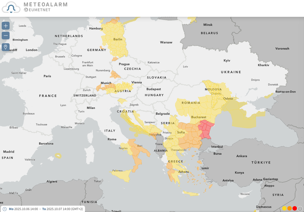 Waarschuwingen van kracht. In het zuidoosten van Europa veelal vanwege de overvloedige regenval, onweer en wind. (bron: meteoalarm.org)