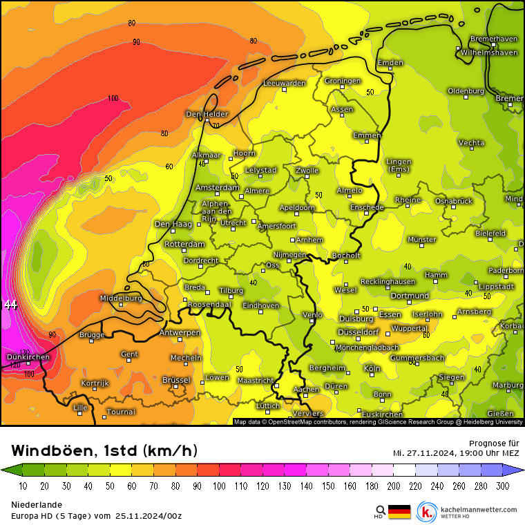 De Duitse weercomputers laten het lagedrukgebied zuidelijke langstrekken. Het noord-Franse Duinkerke ligt hierbij vol in de wind. In Nederland is het in de scenario rustiger, met veel regen.