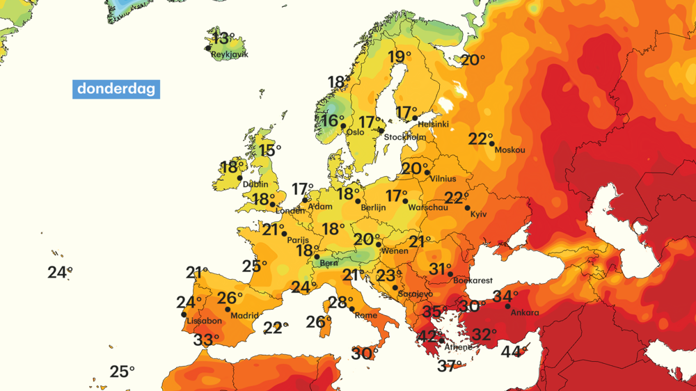 Temperatuurverwachting voor donderdag: dik 40 graden op de kaart.