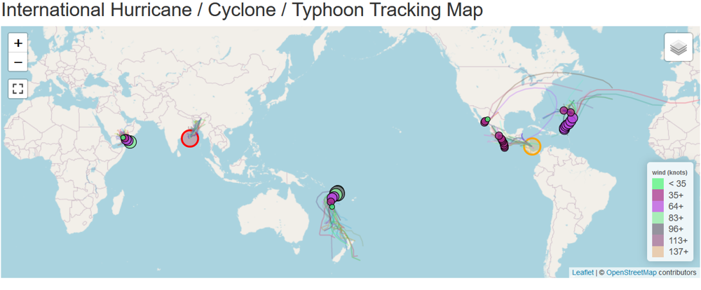 De plekken waar tropische stormen actief zijn. De rode circel geeft aan dat er een mogelijke storm ophanden is. (bron: cyclocane.com)