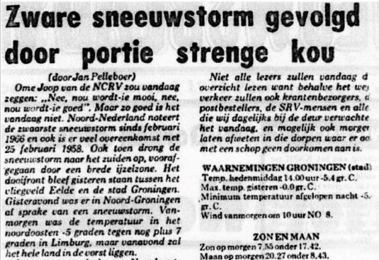 Een fragment van het weerbericht dat in het Nieuwsblad van het Noorden stond, geschreven door weerman Jan Pelleboer (knipsel met dank aan jannes Wiersema)