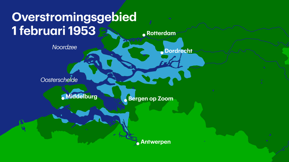 De getroffen gebieden ten tijde van de watersnoodramp februari 1953