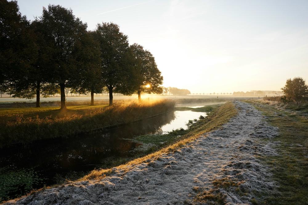 De zon is net op bij Beilen en het rijp is nog mooi te zien (foto: Janet de Jong)