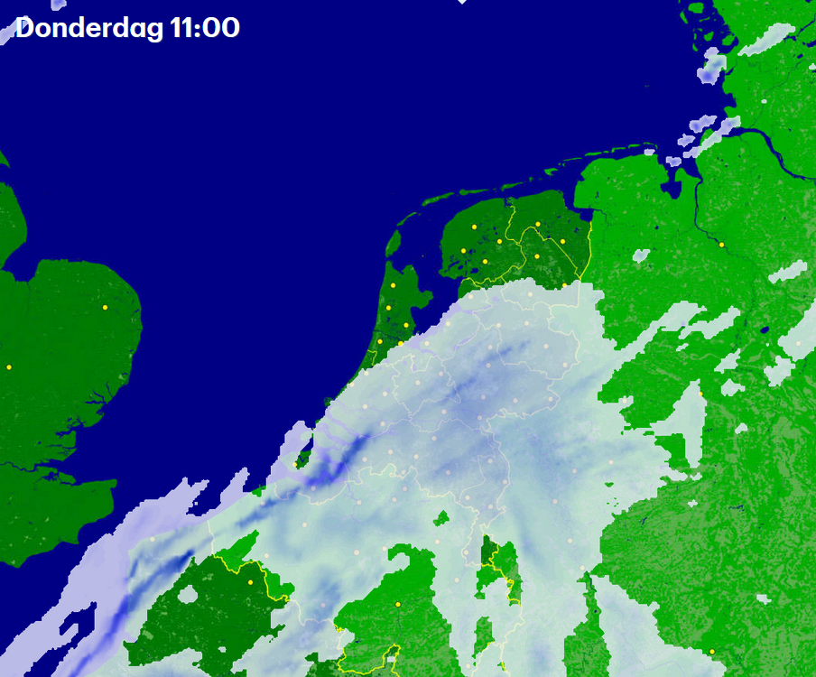 De verwachting volgens Harmonie (computermodel) - er zijn ook berekeningen voor een nog iets noordelijke uitbreiding - maar de kans op droog weer in het noorden is vrij groot.