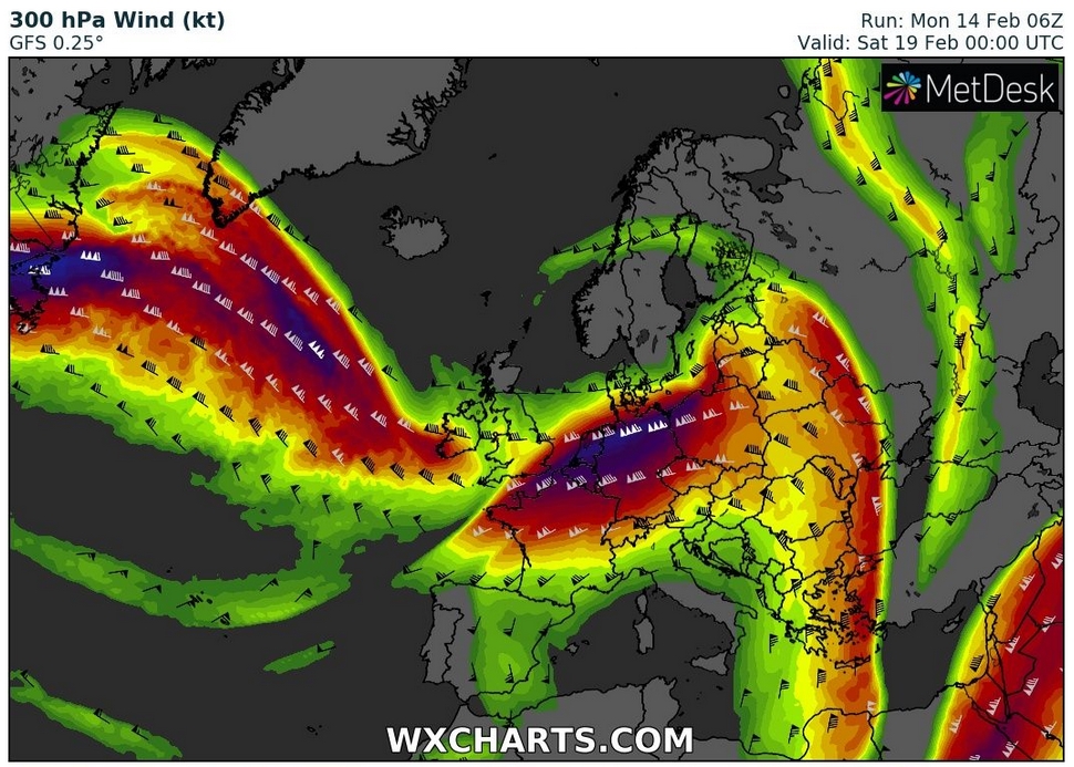 De verwachting (GFS) van de straalstroom voor zaterdag 01:00 uur met boven Duitsland windsnelheden rond 300 km/u op ca. 9 km hoogte