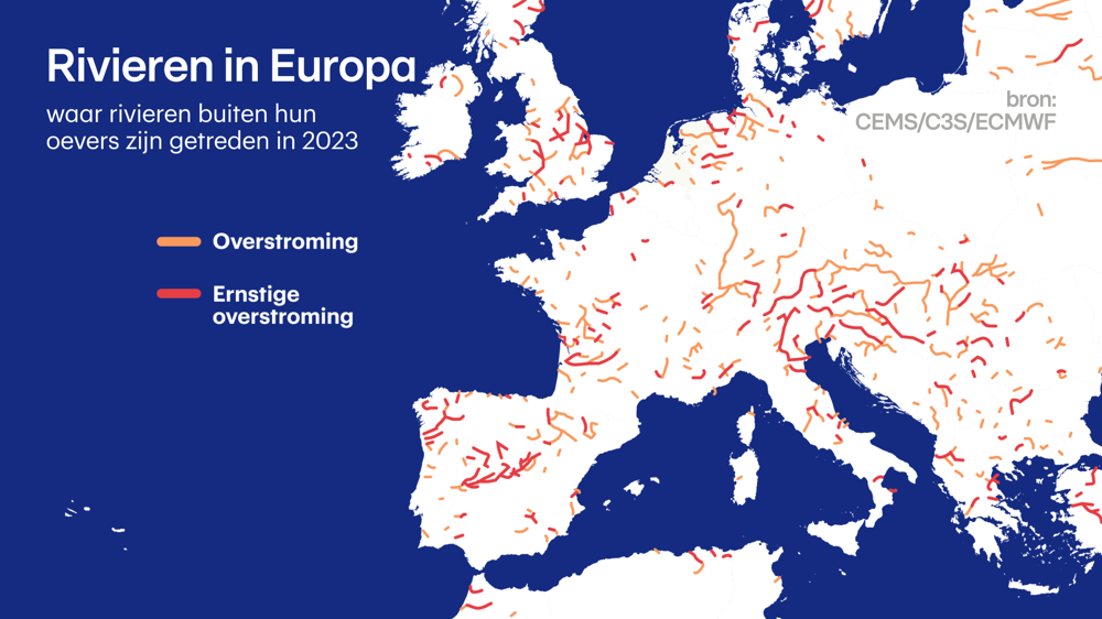 Overzicht van rivieren in Europa die buiten de oevers zijn getreden.