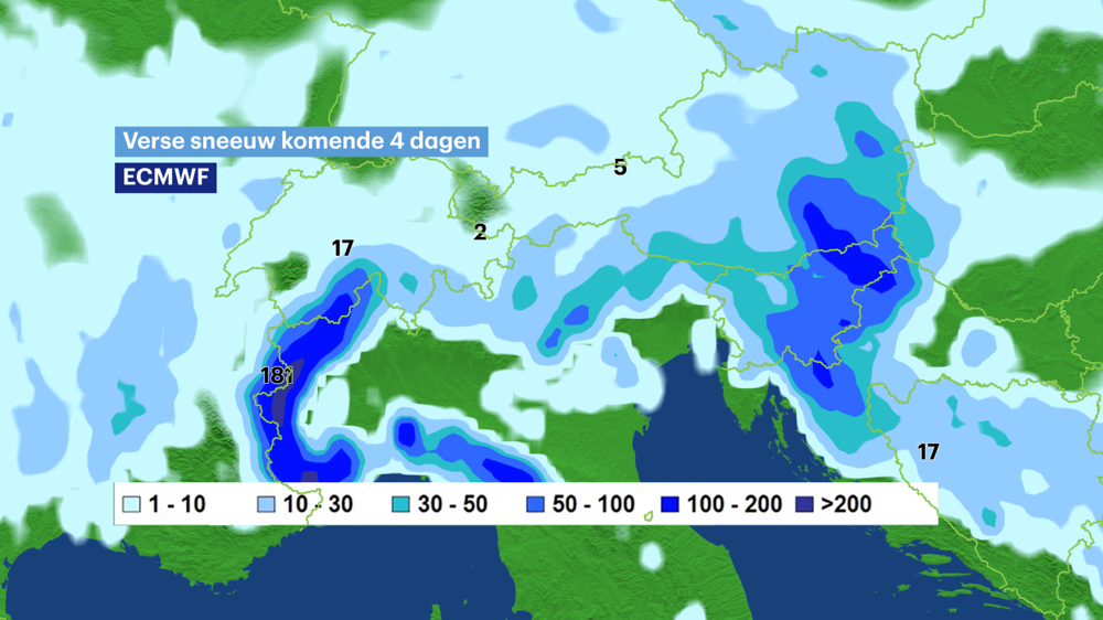 Verse sneeuw de komende 4 dagen volgens het Europese weermodel ECMWF
