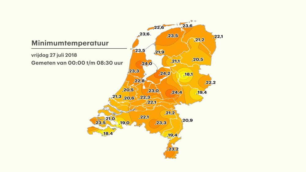 Kaartje uit het archief van Buienradar, een minimum temperatuur boven de 20,0 graden. Op deze 27 juli 2018 is het record in Deelen (24,4) neergezet.