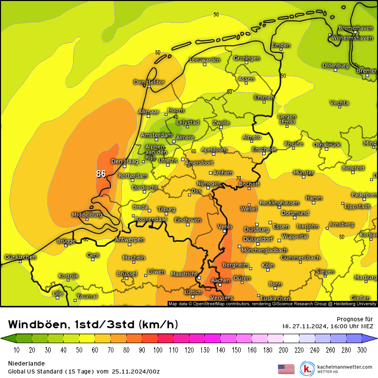 De Amerikanen laten het lagedrukgebied woensdagmiddag al pal over Nederland trekken. De meest zware windstoten komen niet hoger dan 90 km/uur.