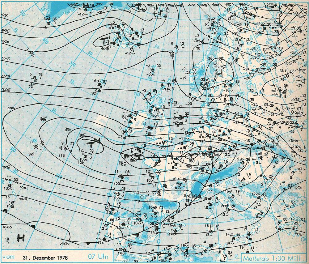 Weerkaart van 31-12-1978 - Hogedrukgebied boven ScandinaviÃ«, lagedrukgebieden ten zuiden van Nederland (bron: DWD)