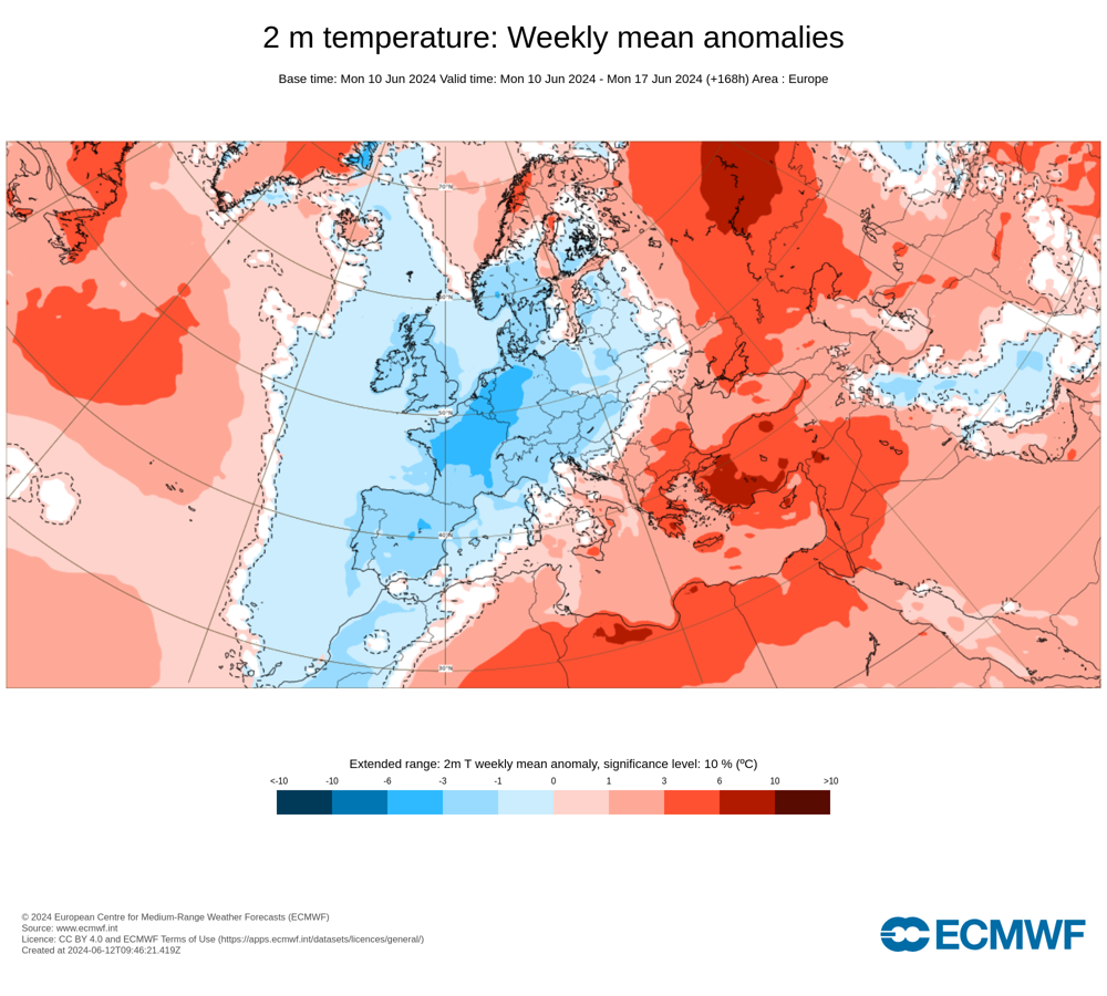 Temperatuurafwijking over een week: in het zuidoosten van Europa is het 5-10 graden warmer dan normaal, op sommige plekken zelfs meer dan 10 graden. In het noordwesten/westen is het koeler dan normaal.